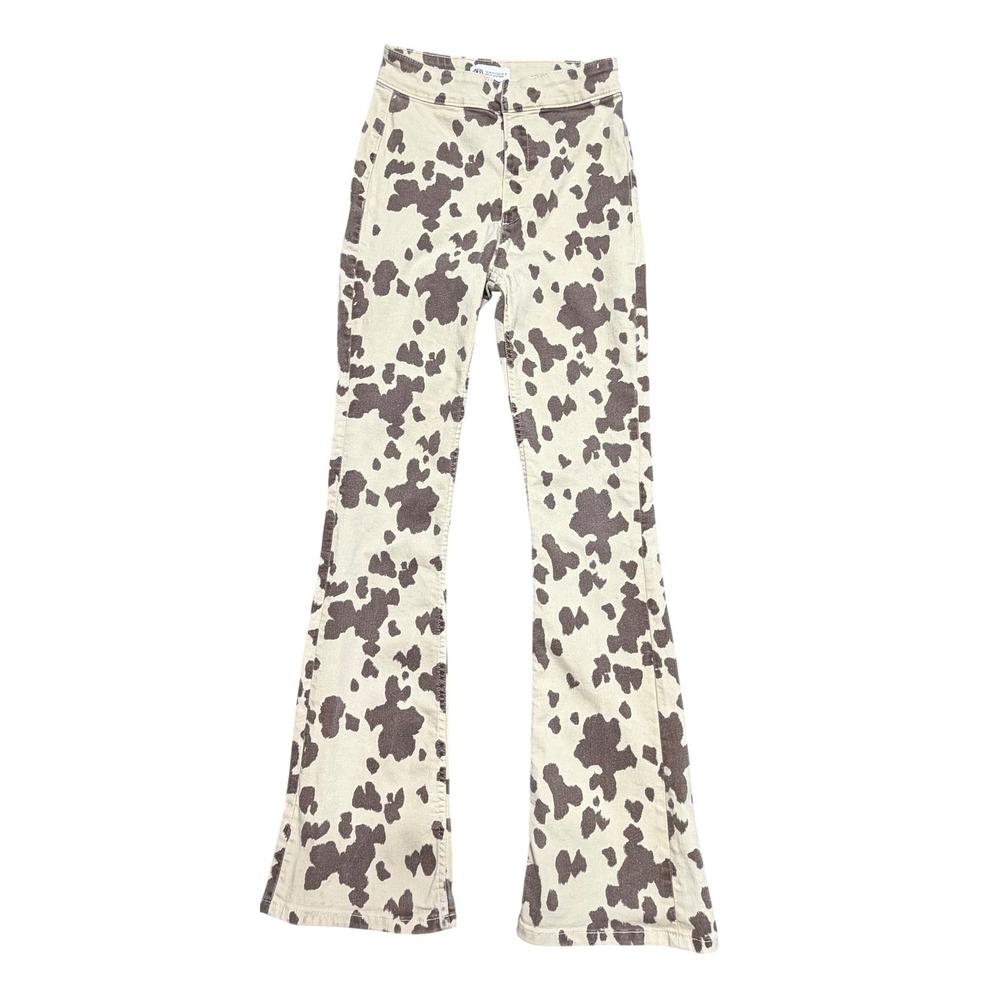 Zara Cow Print High Waisted‎ Flare Stretch Jeans Brown Cream Womens Sz  6 - Picture 2 of 7